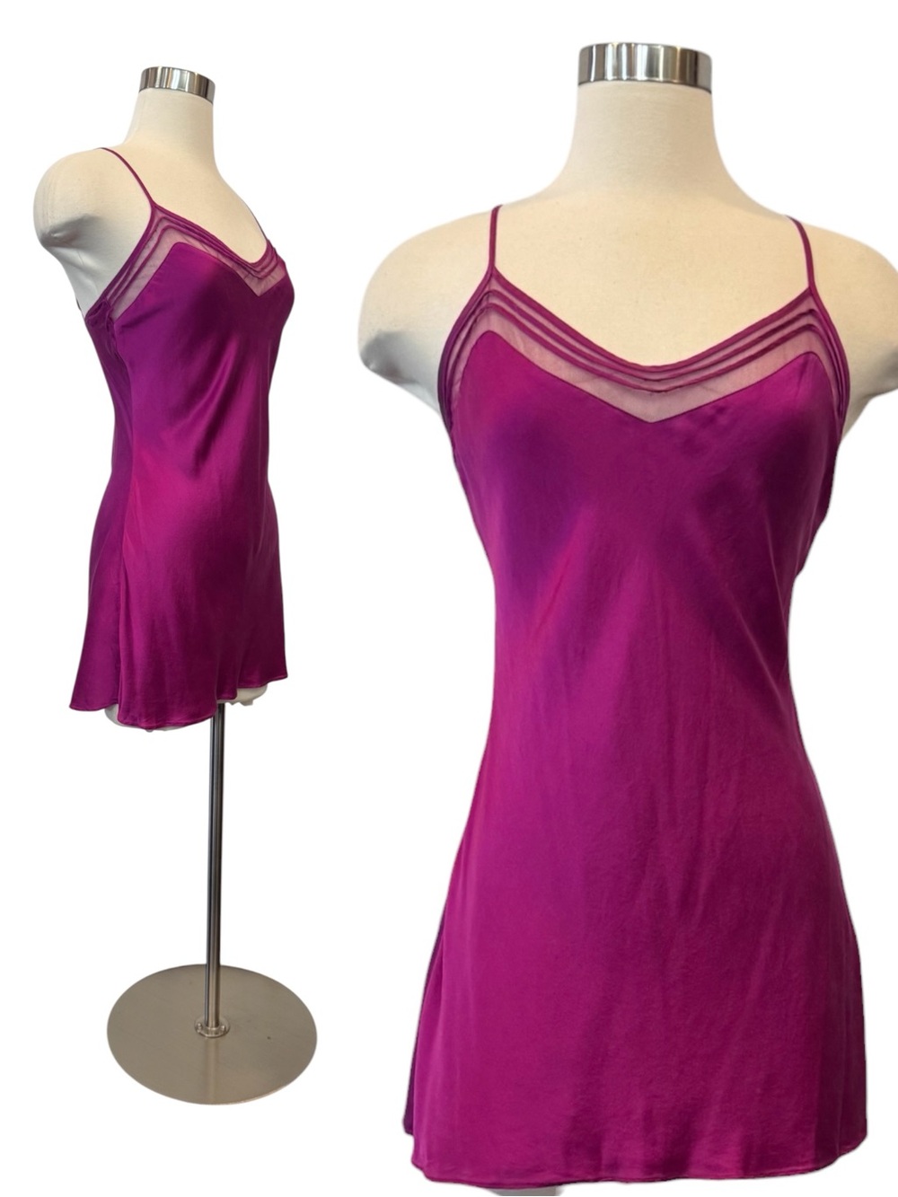 Y2K Victoria’s Secret 100% Silk Hot Pink Fuchsia Chevron Mesh Vintage Slip Dress